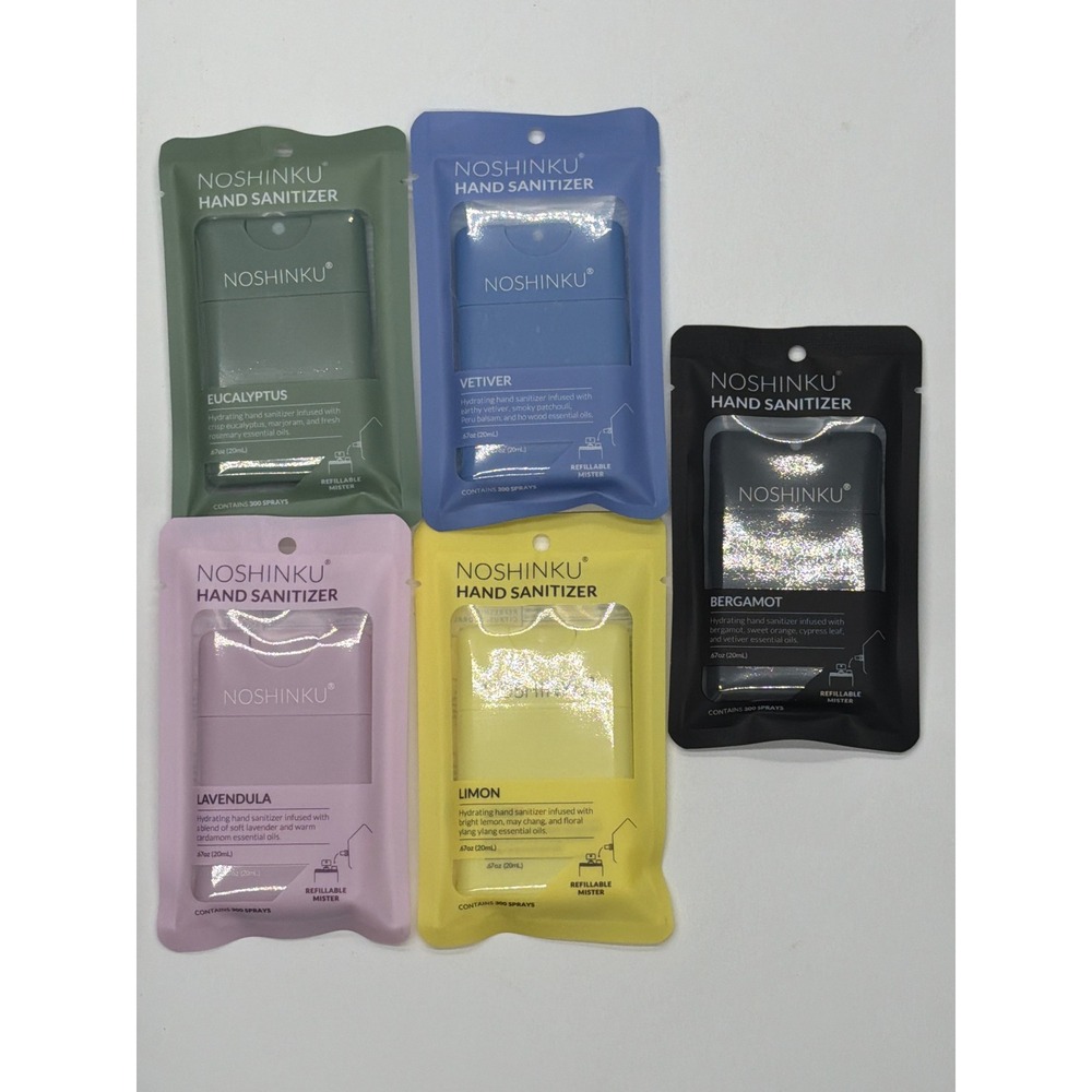 Noshinku Hydrating Hand Sanitizer Refillable Mister 5 Pack Eucalyptus Bergamot